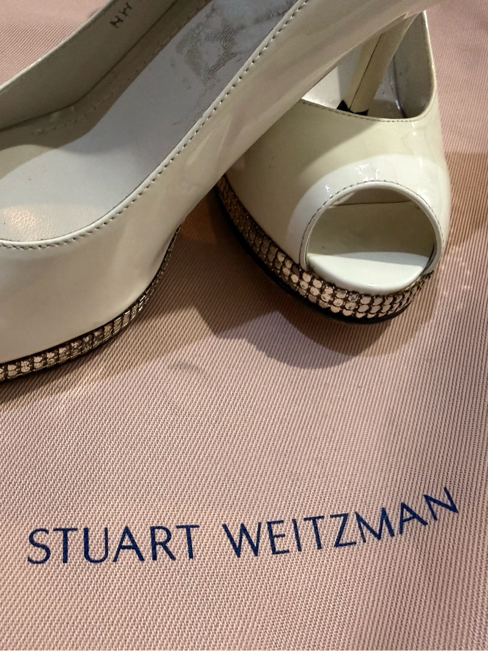 Stuart Weitzman Ivory Patent Peep-Toe Platform Pumps with Rhinestone Trim